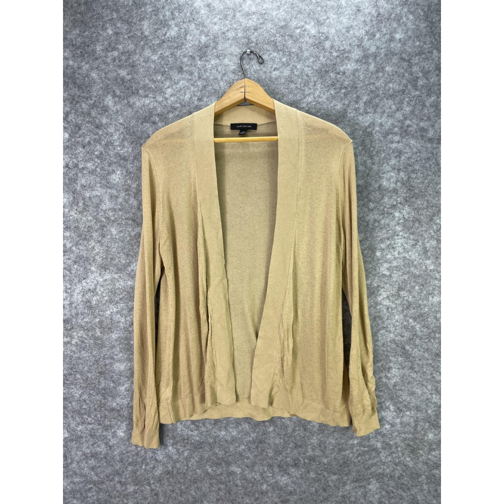 Ann Taylor Cardigan Sweater Womens Medium Beige Open Front Lightweight Knit